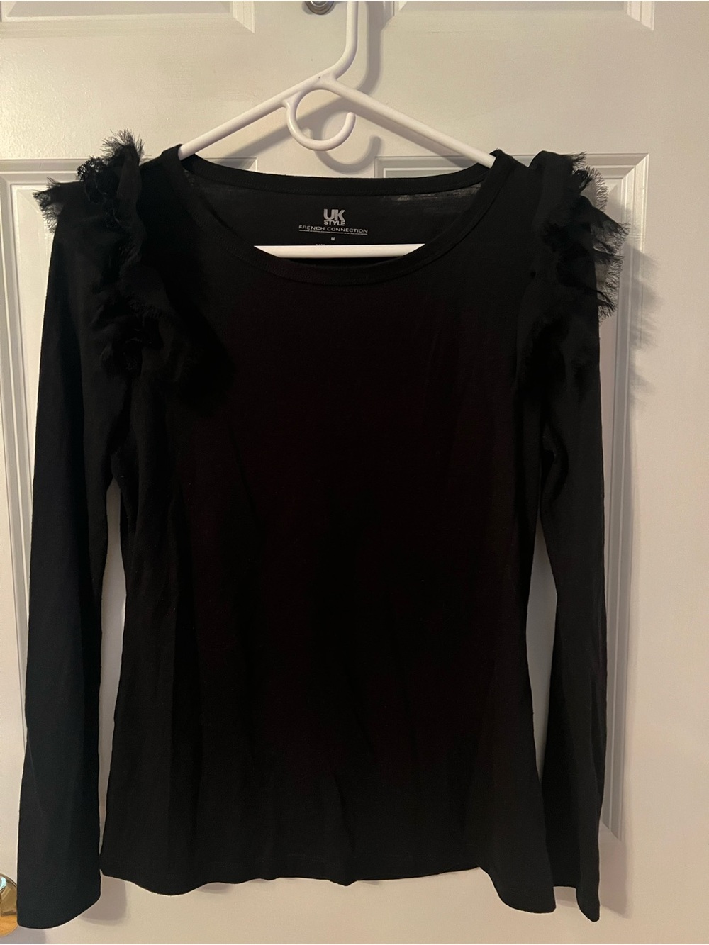 French Connection Black Long-Sleeve Ruffle Shoulder Tee